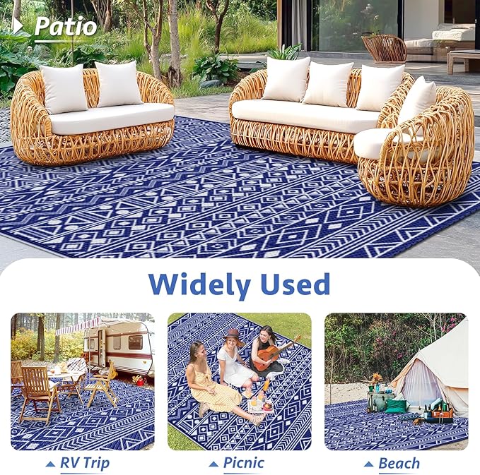 StepLively Outdoor Rug 8x10 ft, Reversible Waterproof Outdoor Plastic Straw Rug, Patio Rug Waterproof, Outdoor Large Area Rug for RV, Camping, Garden, Porch, All-Weather & Easy to Clean(Blue)