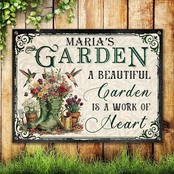 Custom Garden Signs Personalized Metal Tin Sign for Women, Retro Welcome Metal Sign for Outdoor, Patio, Yard Rustic Home Decor Gift for Mothers Day, Grandmas, and Gardening Lovers