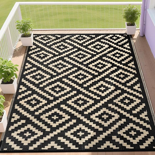 RURALITY Outdoor Rugs 8x10 Feet for Patios Clearance,Plastic Straw Waterproof Mats for Backyard,Porch,Deck,Balcony,Black&Beige
