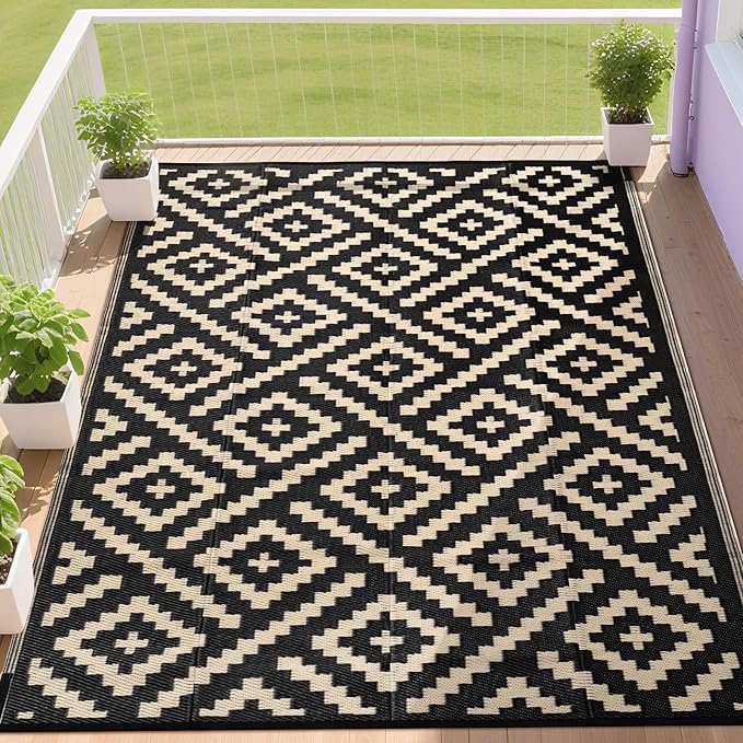RURALITY Outdoor Rugs 9x12 Feet for Patios Clearance,Plastic Straw Waterproof Mats for Backyard,Porch,Deck,Balcony,Black&Beige