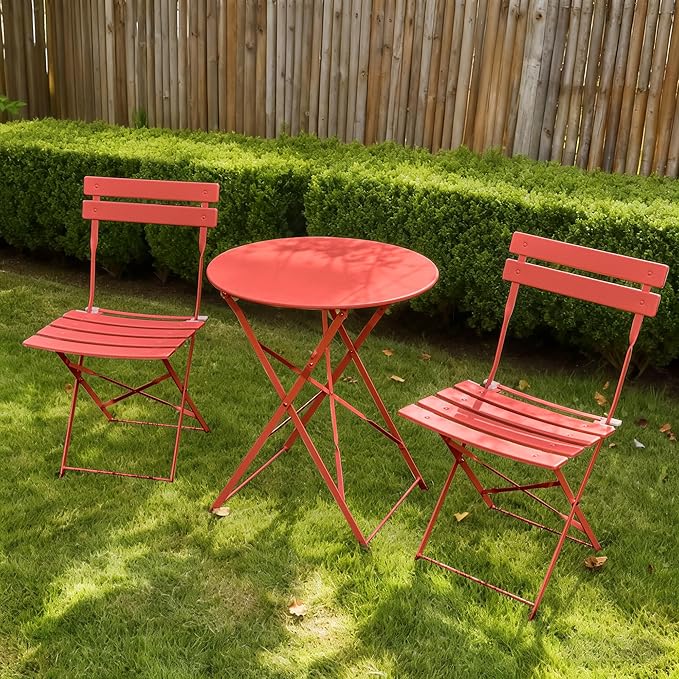 3 Piece Bistro Set, Folding Patio Furniture Set, Outdoor Table and Chairs Set for Patio, Garden, Balcony and Poolside, Red