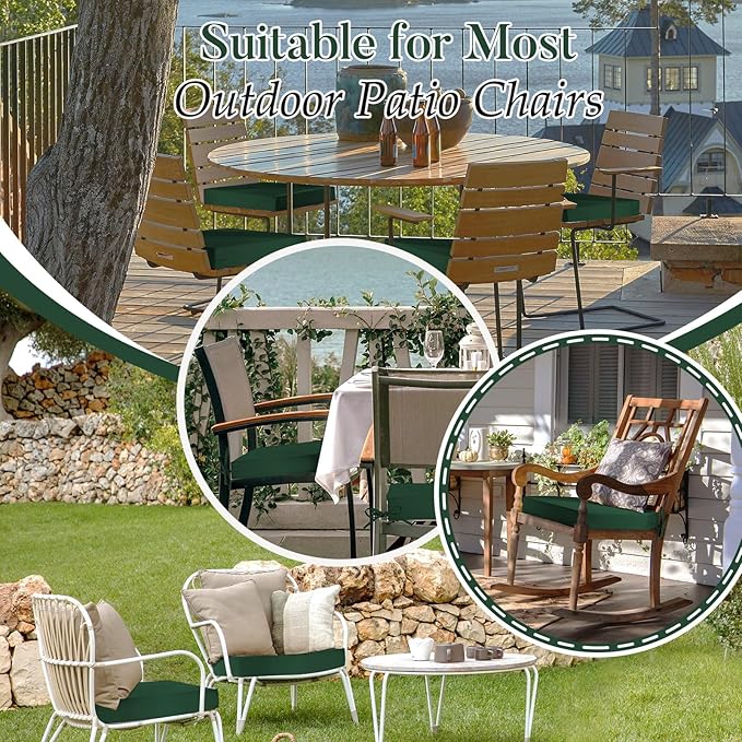 Basic Beyond Outdoor Chair Cushions for Patio Furniture, Waterproof Outdoor Seat Cushions Set of 4 19 x 19, Patio Chair Cushions Set of 4 with Ties and Handle, Forest Green