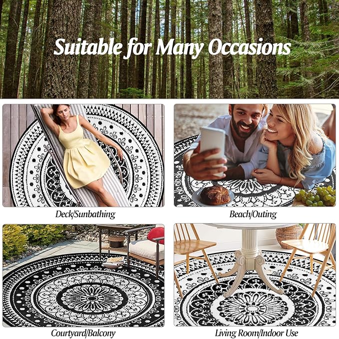 Cekene Reversible Outdoor Rugs 6Ft Round Patio Rugs Lightweight Plastic Straw Rug Waterproof RV Camping Mat Portable Area Rug for Patio Deck Porch Picnic Beach BBQ Garden