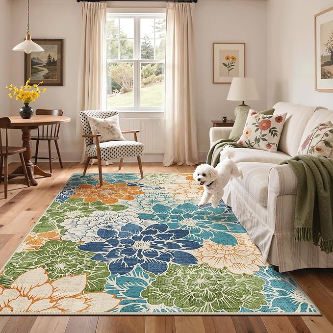 GENIMO Indoor Outdoor Area Rug 8'x10', Machine Washable Rugs for Patio, Waterproof, Non-Slip Easy Cleaning Floral Outdoor Mat Carpet for Living Room, Bedroom, RV, Balcony, Deck, Camping, Teal Blue