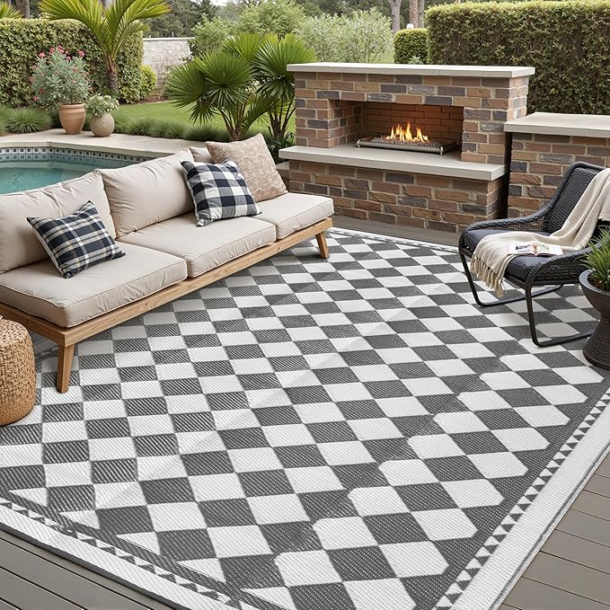 HUGEAR Outdoor Waterproof Rug 8'x10' Plastic Straw Rugs Washable Reversible Floor Mat Grey Plaid Carpet for Camping RV Deck Entryance Porch Picnic Balcony Beach Backyard