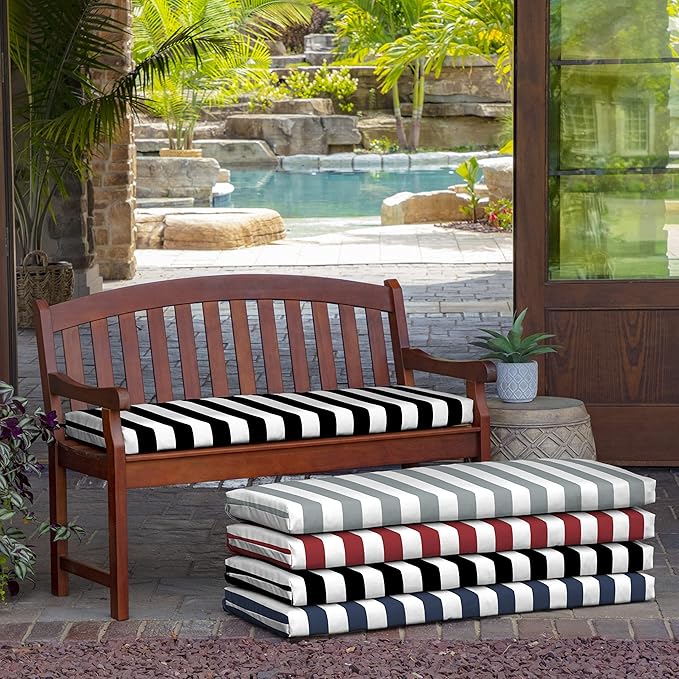 Arden Outdoor Bench Cushion, 46 x 17, Rain-Proof, Fade Resistant Black Cabana Stripe