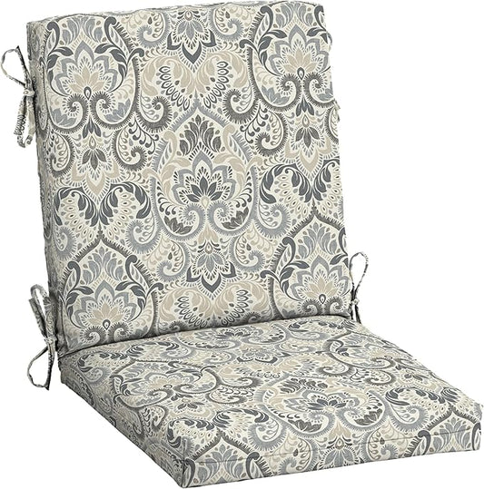 Arden Outdoor Midback Chair Cushion, 18 x 16.5, Rain-Proof, Fade Resistant Neutral Aurora Damask
