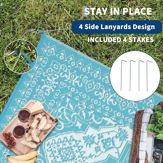 COZYLOOM Waterproof Outdoor Rug for Patio 9x12 Reversible Outdoor Plastic Straw Rug, Vintage Medallion Carpet, RV Mat for Deck, Balcony, Camping, Beach, Picnic, Light Blue and White