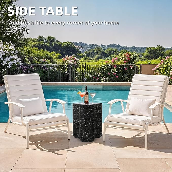 18" Modern Outdoor Side Table, Durable Lightweight MGO Faux Terrazzo Patio Accent Table, Black Coffee Table, 3-in-1 Weatherproof End Table Garden Stool for Garden, Balcony, Poolside Decor