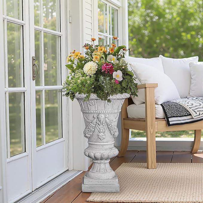 Christopher Knight Home Jorine Light Concrete Planter, Patio Planter, Mid-Centry Gadern Urn, Large Garden Pot, Floral Statue Design, Flower Urn with Drainage Hole for Backyard Home, Light Gray