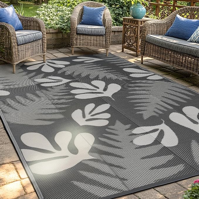 wikiwiki Outdoor Rug, 5x8ft Waterproof Reversible Mat Indoor Outdoor Rugs Carpet, Small Area Rug Plastic Straw Rug for Patio Deck Balcony Pool RV Camping Beach Picnic, Grey Leaves, Rugscape Series