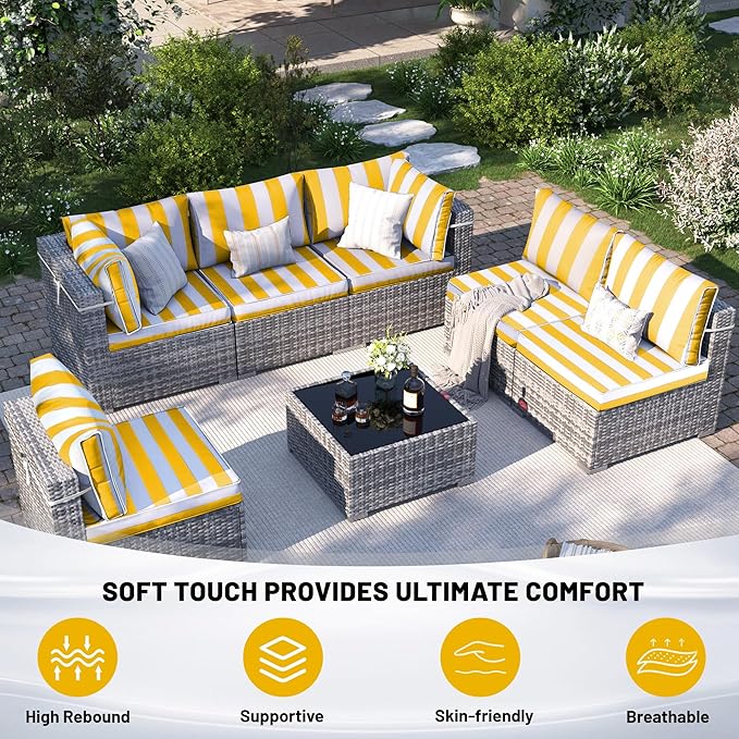 14 Piece Outdoor Sectional Cushions, Water-Resistant Outdoor Sofa Cushions Replacement, 4" High Density Foam Patio Furniture Cushions Fits 6-seat Rattan Conversation Set (Yellow White)