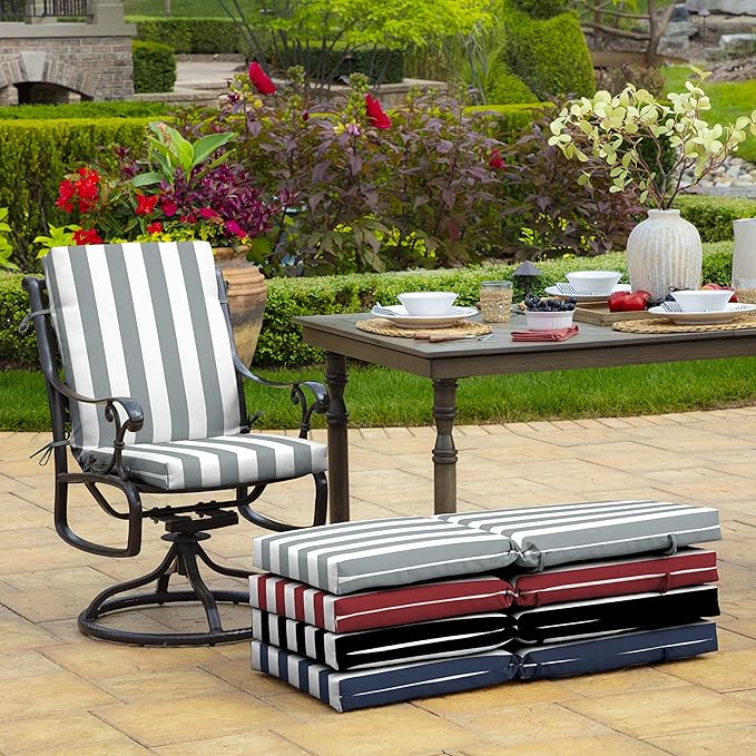 Arden Outdoor Patio Dining Chair Cushion, 20x44, Rain-Proof Seat Pad, Fade-Resistant Outdoor Cushion Stone Grey Cabana Stripe
