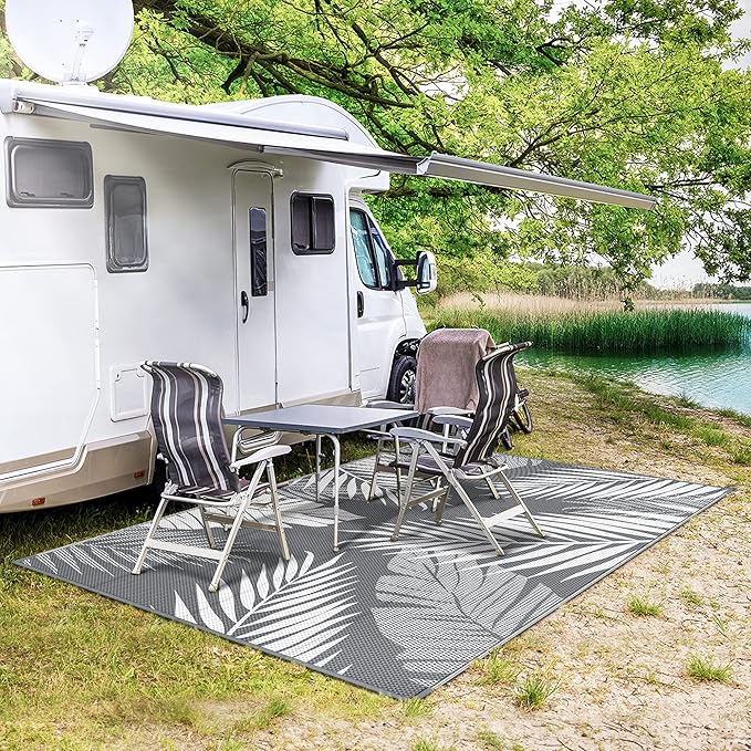GENIMO Outdoor Rug 6' x 9' Waterproof for Patios Clearance, Reversible Plastic Straw Camping Carpet, Large Area Rugs Mats RV, Picnic, Backyard, Deck, Balcony, Porch, Beach, Grey&White