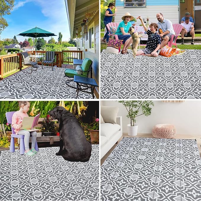 Outdoor Plastic Straw Rug 8x10 Waterproof Outdoor Patio Rug,Porch Balcony Rug,Reversible Rv Camping Floor Mat Outside Mat Camping Gifts(Grey&White, 8'x10')