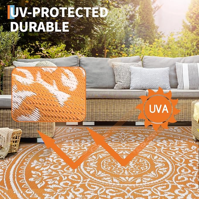 Waterproof Plastic Straw Outdoor Rug 9x18 Patio Reversible UV Resistant Foldable Camping Carpet Boho Floral Large Outdoor Rugs for Deck, Picnic, Porch, Camper, Balcony, Beach，Orange