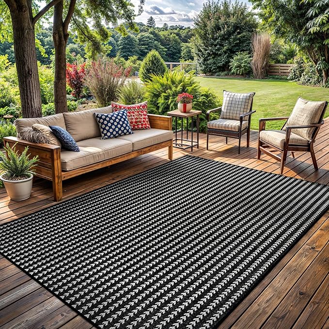 Washable Outdoor Rug 9x12 Modern Area Rugs Outdoor Carpets Striped Pattern Non Shedding Waterproof Easy Clean Patio Deck Porch Living Room Bedroom Garden RV (9 X 12 Black)