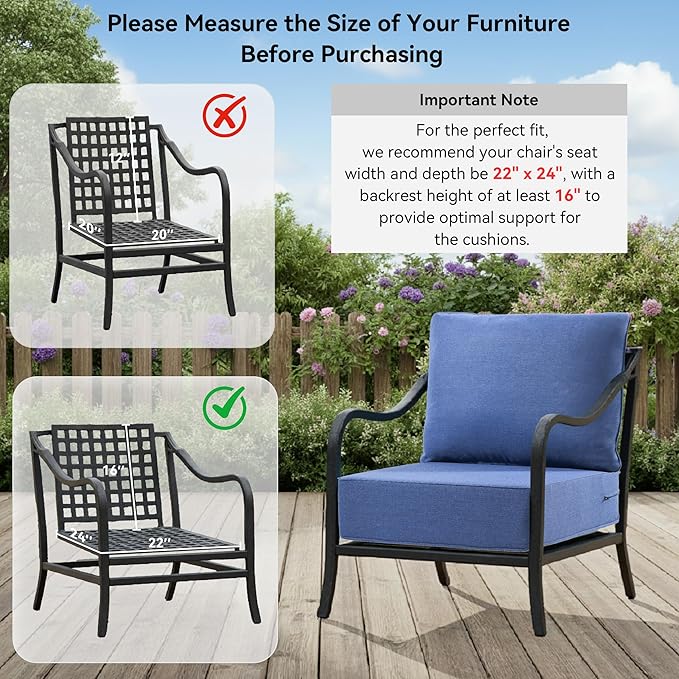 6" Thick Outdoor Cushions 22x24x6, 8-Set Deep Seat Patio Cushions with Removable Cover, Waterproof & Fade Resistant Replacement for Wicker Chair, Loveseat, Sofa - Blue