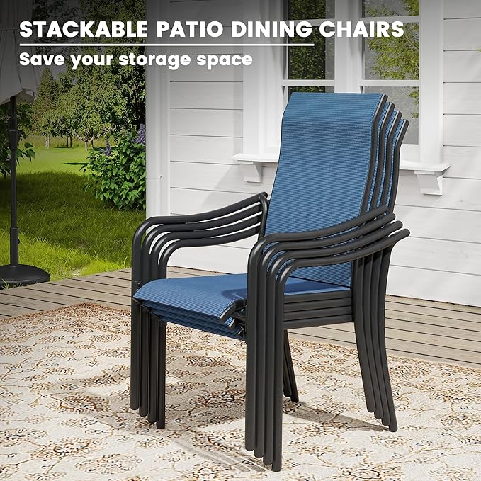 VICLLAX Patio Stackable Dining Chairs Set of 4, Outdoor Sling Chairs with Breathable Fabric and High Back for Balcony Porch Backyard, Dark Blue