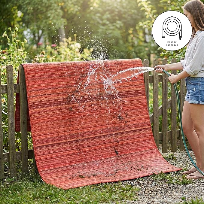 Fab Habitat Outdoor Rug - Waterproof, Fade Resistant, Crease-Free - Premium Recycled Plastic - Striped - Porch, Deck, Balcony, Mudroom, Laundry Room, Patio - Cancun - Sunset - 3 x 5 ft
