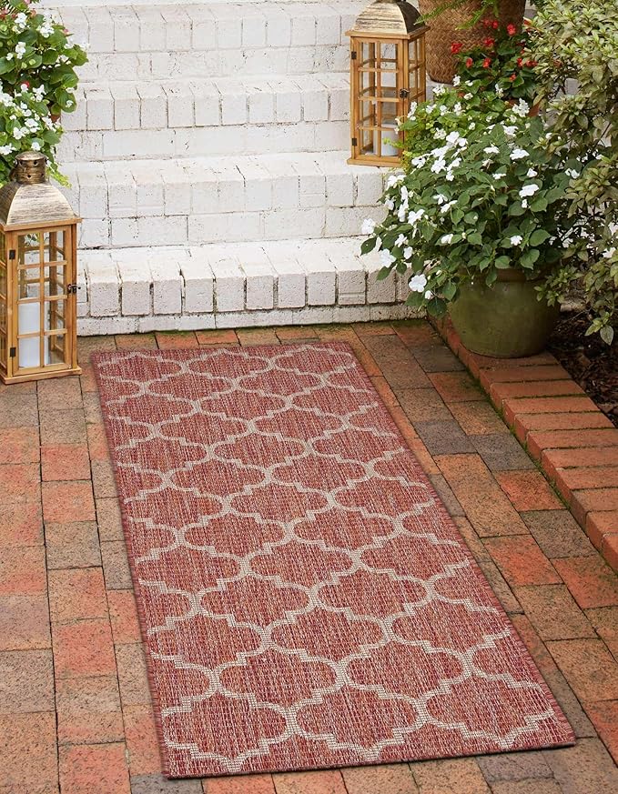 Unique Loom Outdoor Trellis Collection Area Rug (2' x 8' Runner Rust Red/Ivory)