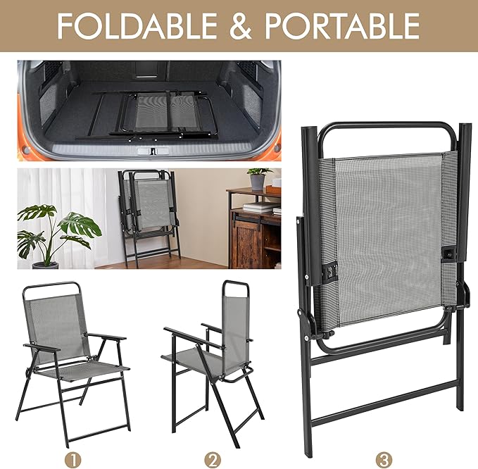 Yaheetech Outdoor Patio Chairs Set of 4, Folding Patio Chairs with Metal Frame, Armrests, Portable Dining Chairs for Camping, Lawn, Garden and Porch, Gray