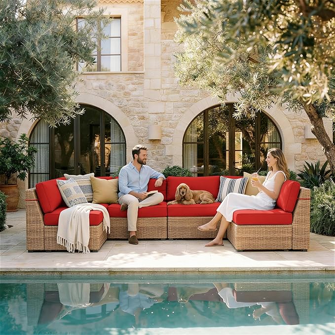 Outdoor Replacement Cushions for Patio Furniture, 5" Foam High-Density, 14-Piece Water-Resistant Outdoor Cushion for 6-Seat Sectional Patio Conversation Sets, Liner&Cover