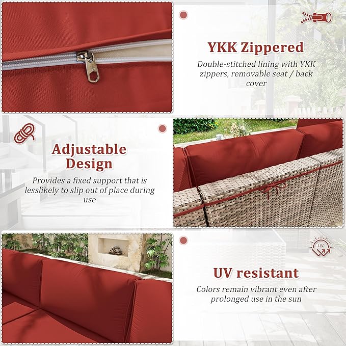 Patio Furniture Cushions, Replacement Outdoor Cushions for 4-Seat Patio Furniture, Waterproof Cushions for Outdoor Sectional Sofa Couch, Terra Red