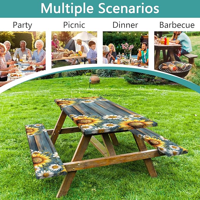 Picnic Table Cover with Bench Covers Camping Essentials Waterproof Windproof Camping Tablecloth with Drawstring Bag, Fitted Rectangle Tables and Seats, 72in, Teal Wooden Sunflower