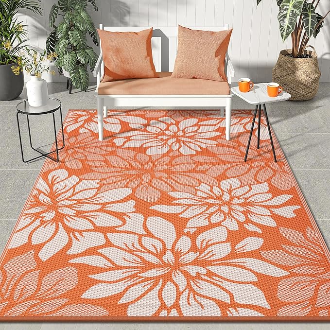 GENIMO Outdoor Rug Waterproof for Patio Decor, 6' x 9' Reversible Plastic Straw Floral Camping Carpet, Large Area Rugs Mats for RV, Camper, Deck, Balcony, Porch, Beach, Picnic, Orange & Beige