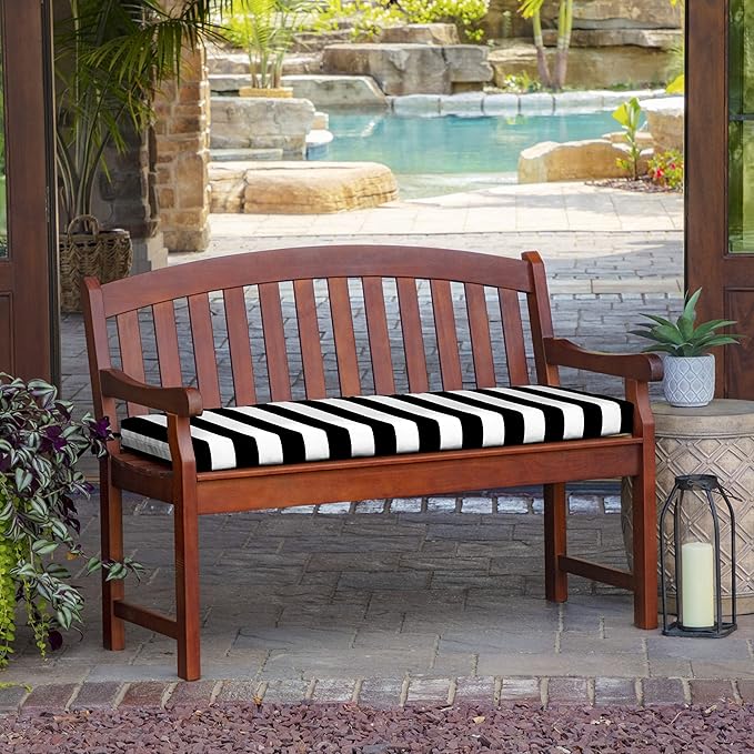 Arden Outdoor Bench Cushion, 46 x 17, Rain-Proof, Fade Resistant Black Cabana Stripe