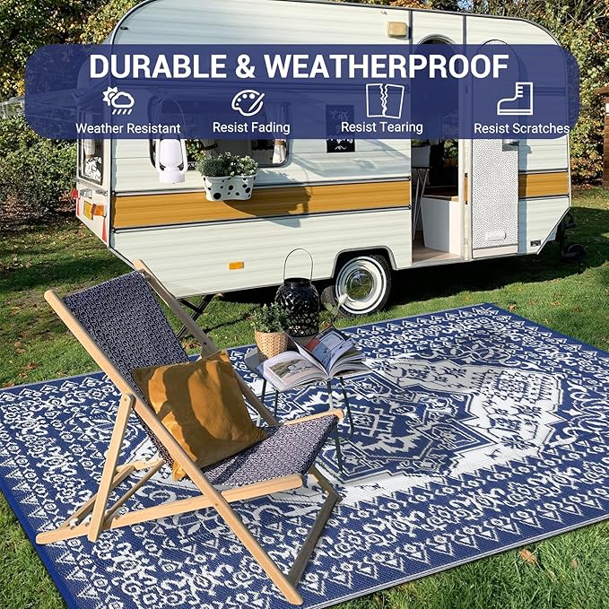 COZYLOOM 8x10 Outdoor Rug Waterproof Reversible Plastic Straw Mat, Large Dark Blue and White Vintage Medallion Patio Area Rug for Deck, Balcony, Camping, Beach, Picnic, Indoor/Outdoor Use