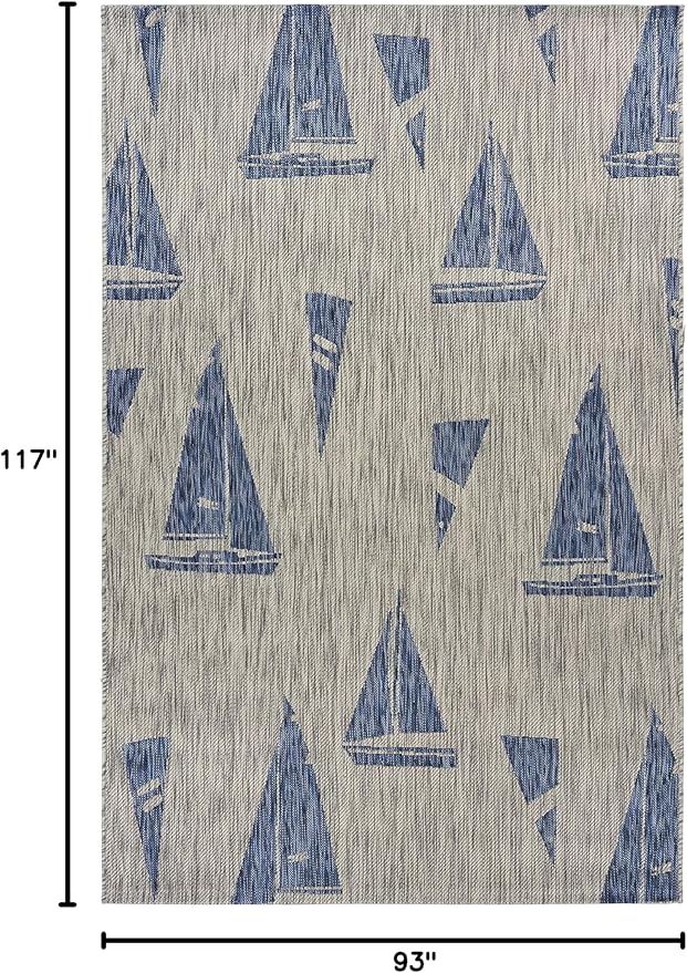 LR Home 8x10 Indoor/Outdoor Area Rug for Home Decor | Nautical Sailboats Large Size Carpet for Living Room, Bedroom, Playroom, Patio, Garden | Modern Farmhouse Rug | Gray/Blue