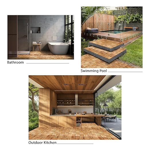 Interlocking Acacia Wood Deck Tiles, 9-Pack, 12 Slats, Waterproof Outdoor Flooring for Patio, Balcony, Garden – Natural Finish, 12.2" x 12.2" x 0.7"