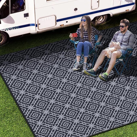 GOTGELIF Outdoor Camping Rug Waterproof 9x12FT, Large Reversible Stain&UV Resistant Plastic Straw RV Rug for Outside Patio Pool Deck Beach Indoor, Area Carpet Mat with Portable Bag&4 Stakes-Black Grey