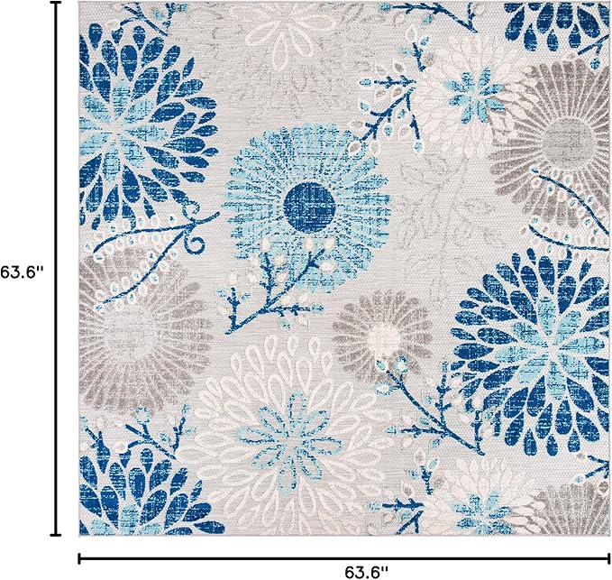 SAFAVIEH Washable Rug Outdoor Cabana Collection - 5'3" Square, Grey & Blue, Non-Shedding & Easy to Clean, Ideal for Patio, Backyard, Mudroom (CBN832F)