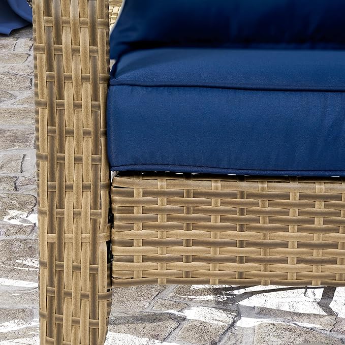 Outsunny Patio Wicker Adirondack Chair, Outdoor All-Weather Rattan Fire Pit Chair with Soft Cushions, Tall Curved Backrest and Comfortable Armrests for Deck or Garden, Dark Blue