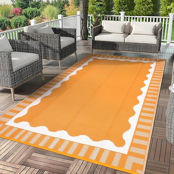 Outdoor Rug 8x10 Waterproof Patio Rugs Scalloped Border Reversible Mat for Front Door Rv Foldable Plastic Straw Carpet for Travel Trailers, Deck, Picnic, Porch, Camper, Balcony, Beach，Orange