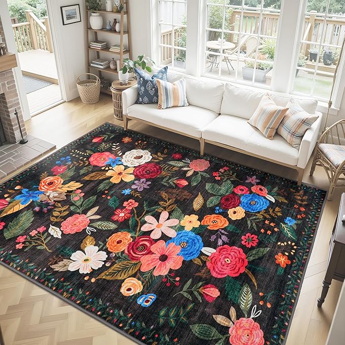 Black Washable Area Rug 8x10, Large Soft Rugs for Living Room Floral Black Carpet 8x10 Area Rugs for Bedroom Dining Room Non-Slip Stain Resistant Under Table Rug (8 x 10, Black Lawn)