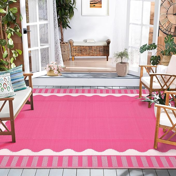 Waterproof Plastic Straw Outdoor Rug 9x18 Patio Reversible UV Resistant Foldable Camping Carpet Scalloped Border Large Outdoor Rugs for Deck, Picnic, Porch, Camper, Balcony, Beach，Rose Pink
