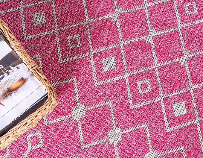 Unique Loom Outdoor Trellis Collection Area Rug - Tribal Trellis (8' x 11' 4" Rectangle, Fuschia/ Gray)