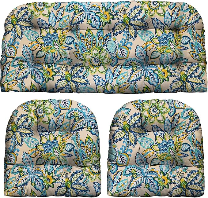 RSH DECOR: 3-Piece Wicker Tufted Cushion Set | for Large Wicker Sets | Outdoor Loveseat & U-Shaped Seat Cushions | Water & Fade-Resistant Spun Fabric | Copeland Caribe Blue Floral