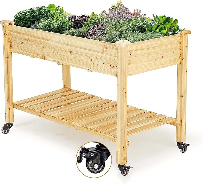 Idzo Raised Garden Bed with Legs, Durable Elevated Garden Box with Wax Oil Coated, 48x24x32in Wood Planter with Big Planter Box Load Up to 260 Pounds, Ergonomic Height for Convenient Plants Care