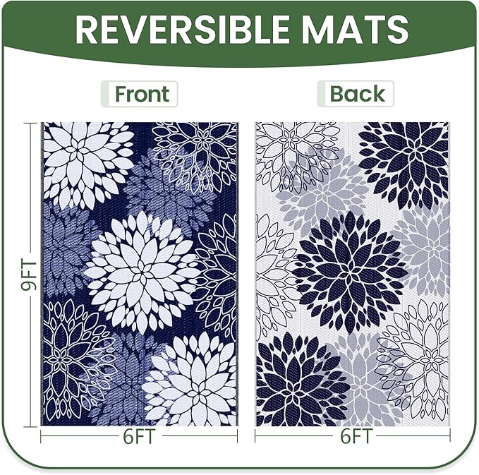 LuxStep Outdoor Rug Waterproof Outdoor Plastic Straw Rug Reversible Patio Rug Mat Outdoor Decor Large Area Mats for RV, Picnic, Backyard, Deck, Balcony, Porch, Beach, Camping, 6'x 9',Blue