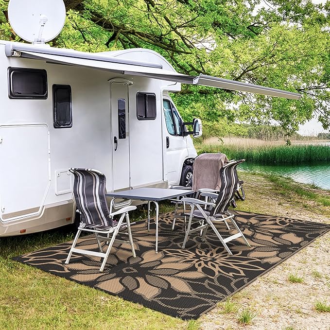 GENIMO Outdoor Rug Waterproof for Patio Decor, 5' x 8' Reversible Plastic Straw Floral Camping Carpet, Large Area Rugs Mats for RV, Camper, Deck, Balcony, Porch, Beach, Picnic, Black & Brown