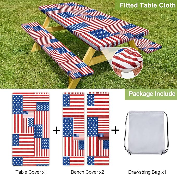 Play Tailor Picnic Table Cover with Bench Covers Camping Essentials Waterproof Windproof Camping Tablecloth with Drawstring Bag, Fitted Rectangle Tables and Seats, 72in, Red Blue White