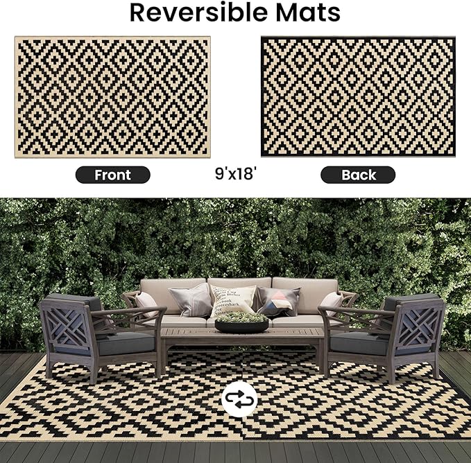 Smiry Waterproof Outdoor Rug 9X18 ft, Reversible Plastic Straw Patio Camping Rugs, Outdoor Indoor RV Mat Carpet for Patio, Outside Entry, Backyard, Deck, Bench, Picnic, Camper, Black & Beige
