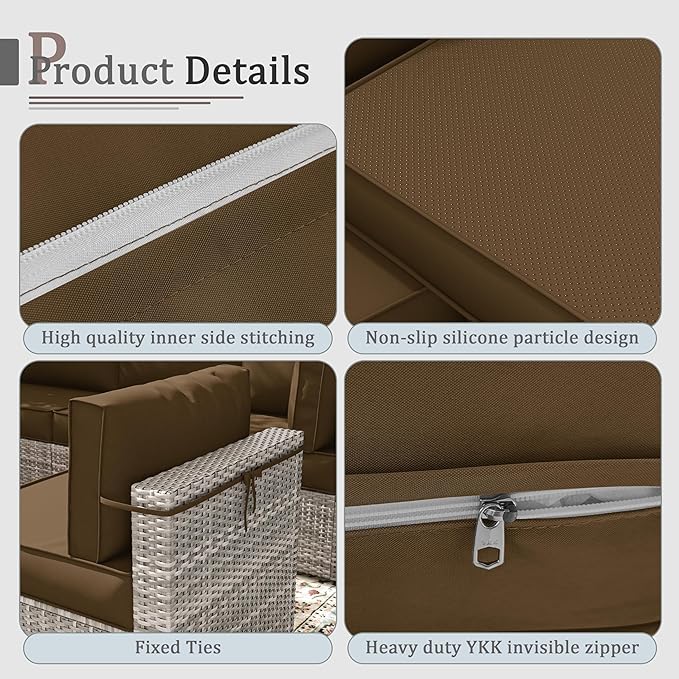 Outdoor Cushions for Patio Furniture with 5 Pillows, Waterproof Patio Furniture Cushions Replacement, 4" Deep Seat Outdoor Sectional Cushions for 4-seat Patio Furniture Chair Sofa Couch,Chocolate
