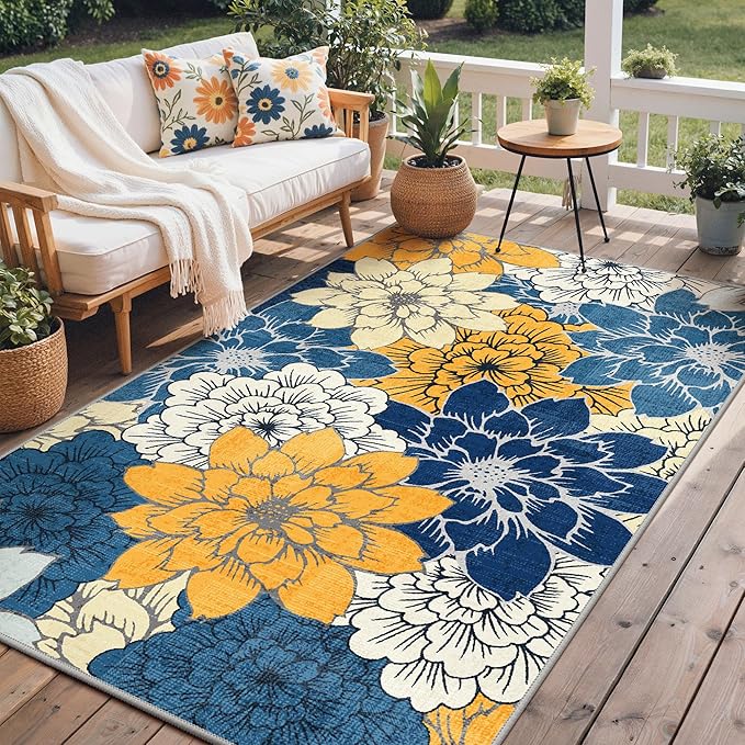 GENIMO Indoor Outdoor Area Rug 6'x9', Machine Washable Rugs for Patio, Waterproof, Non-Slip Easy Cleaning Floral Outdoor Mat Carpet for Living Room, Bedroom, RV, Balcony, Deck, Camping, Navy Blue