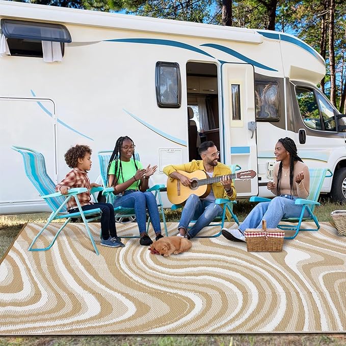 10x20 Large Outdoor Patio Rug Modern Abstarct Plastic Straw Outdoor Rugs Waterproof Foldable UV Resistant Camping Reversible Mats for Deck, Camper, Balcony, Beach, Rv，Brown/Coffee/White